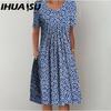 IHUASU 30 Color Pleated Midi Dress Short Sleeve Round Neck Loose Hem Mid-Calf Length Women Floral A-Line Party Dress Casual Wear