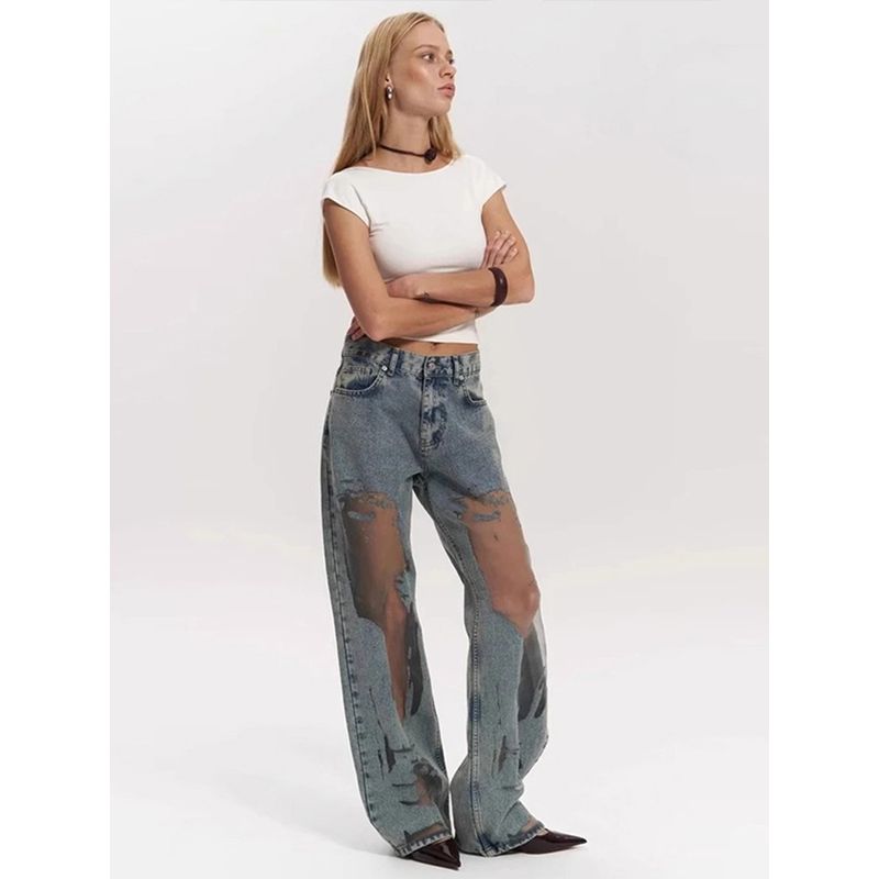 

Jeans American Style Gyaru Retro Straight Pants Hollow-out Texture Niche Design Sense Jeans Loose Wide-Leg Trousers Blue Gray S