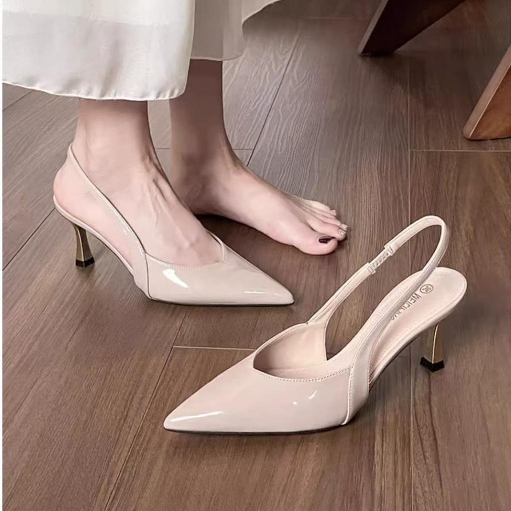 2025 summer high heel bag head kitten heel temperament pointed head half drag wear thin heel apricot single shoes French beautiful sandals
