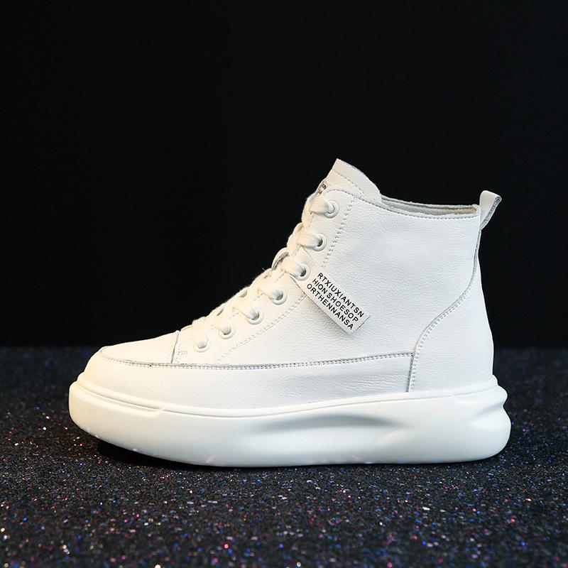 Leather thick-soled high-top little white shoes women s spring new thick-soled single shoes flat-soled versatile women s board shoes 35