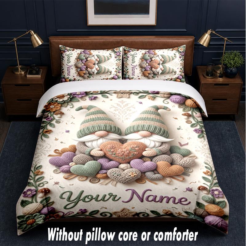 Gnome Theme Custom Text Or Name 3Pcs Bedding Set,1 Flat Sheet & 2 Pillowcases Personalized Home Bedding
