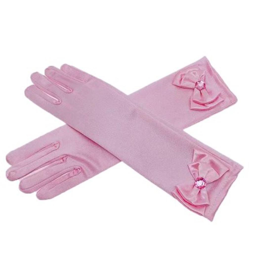 Little Girls Long Princess Gloves Bowknot Trim Long Formal Satin Gloves for Party Pink