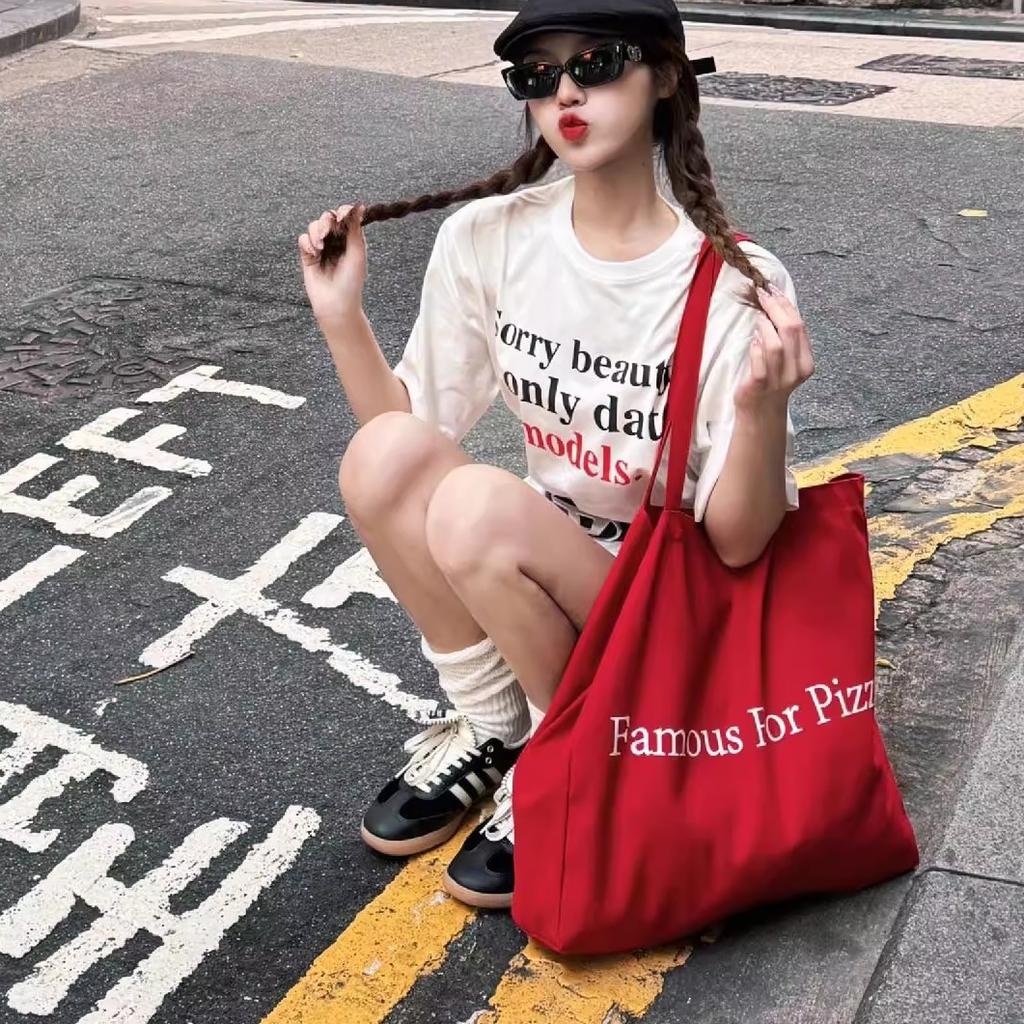 2025 new red letter canvas bag spring lazy wind large capacity shoulder tote bag leisure shopping cloth bag