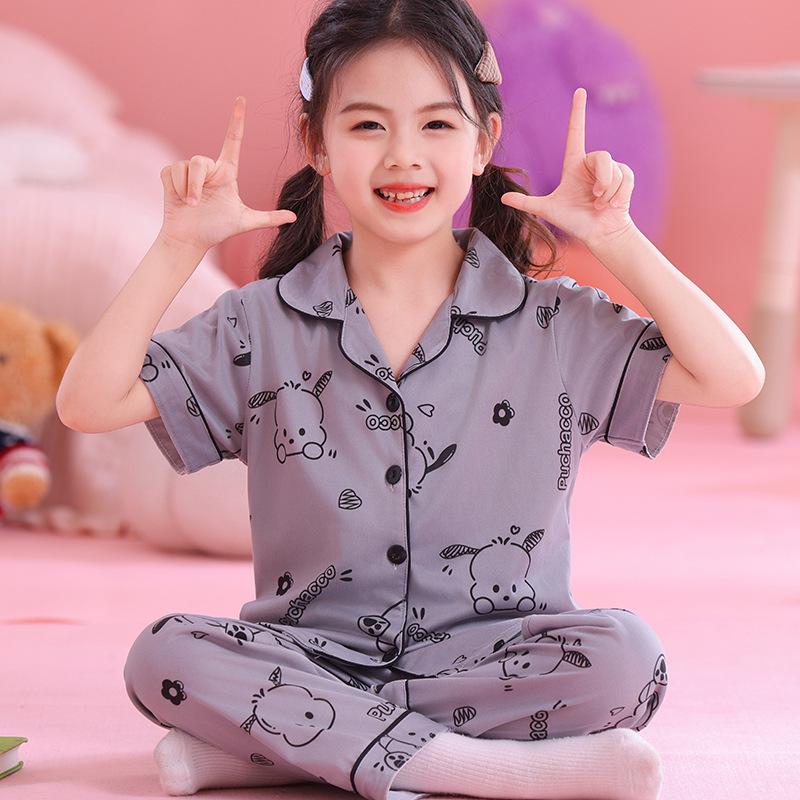 Kuromi Girls' Spring/Autumn Pajama Set with Short Sleeve Cardigan and Long Pants for Indoor/Outdoor Wear