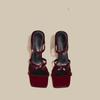 Fashion New Wine Red High Heels Sandals for Women Square Toe Bowtie Decor Summer Outdoor Slippers Woman Thin Heeled Party Wedding Shoes