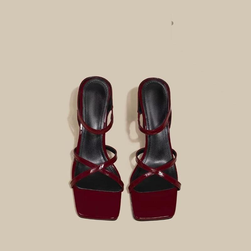 Fashion New Wine Red High Heels Sandals for Women Square Toe Bowtie Decor Summer Outdoor Slippers Woman Thin Heeled Party Wedding Shoes