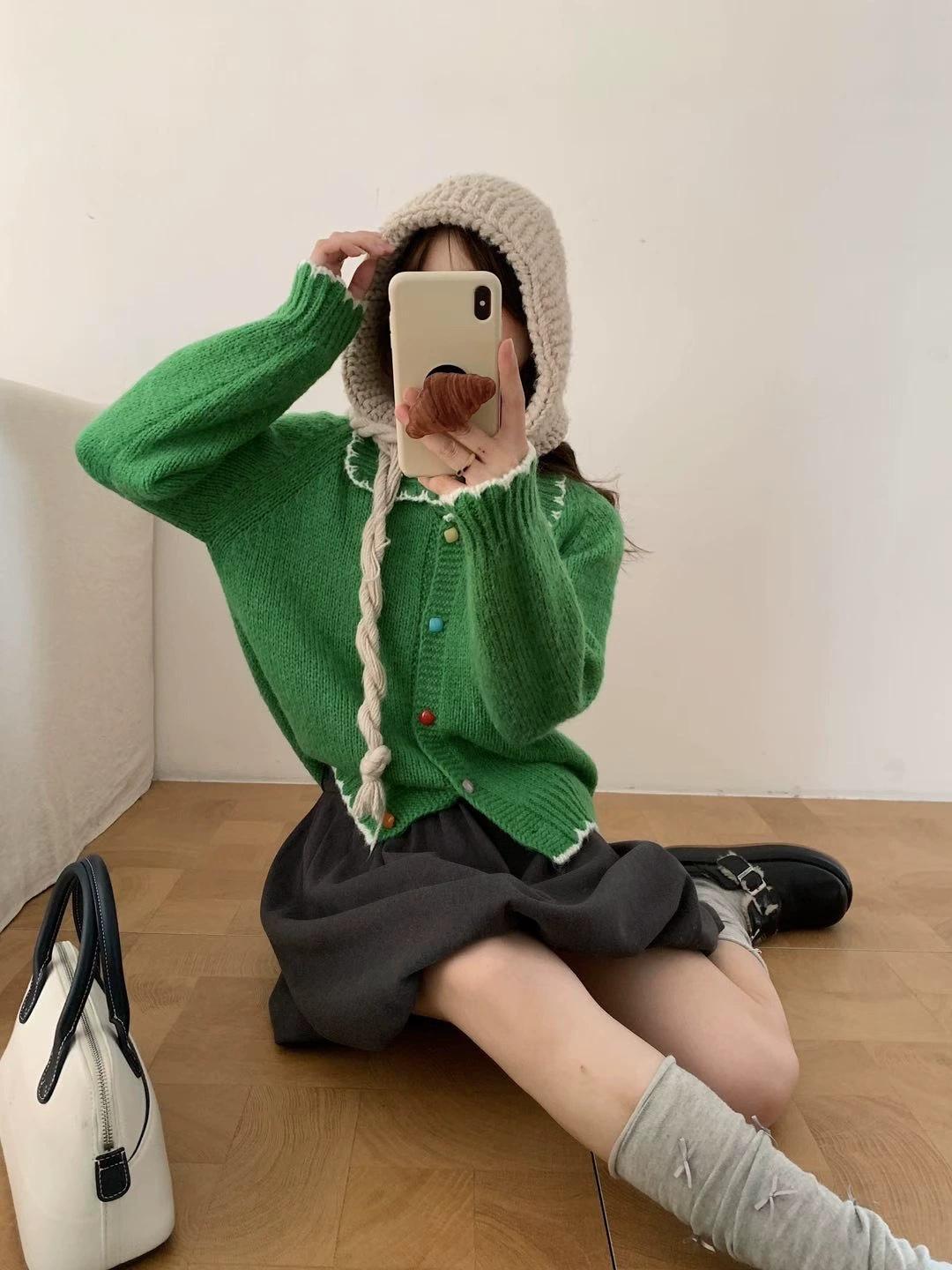 

Женский кардиган из мягкого трикотажа на осень 2025 года с воротником Питер Пэн и волнистым краем One Size зелёный