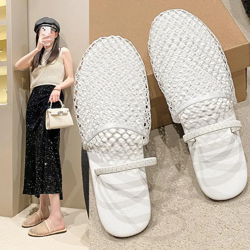 Round Headed Niche Fish Mesh Hollow Ballet Shoes for Women's Summer New Fashionable Flat Bottomed Belt Buckle Sandals