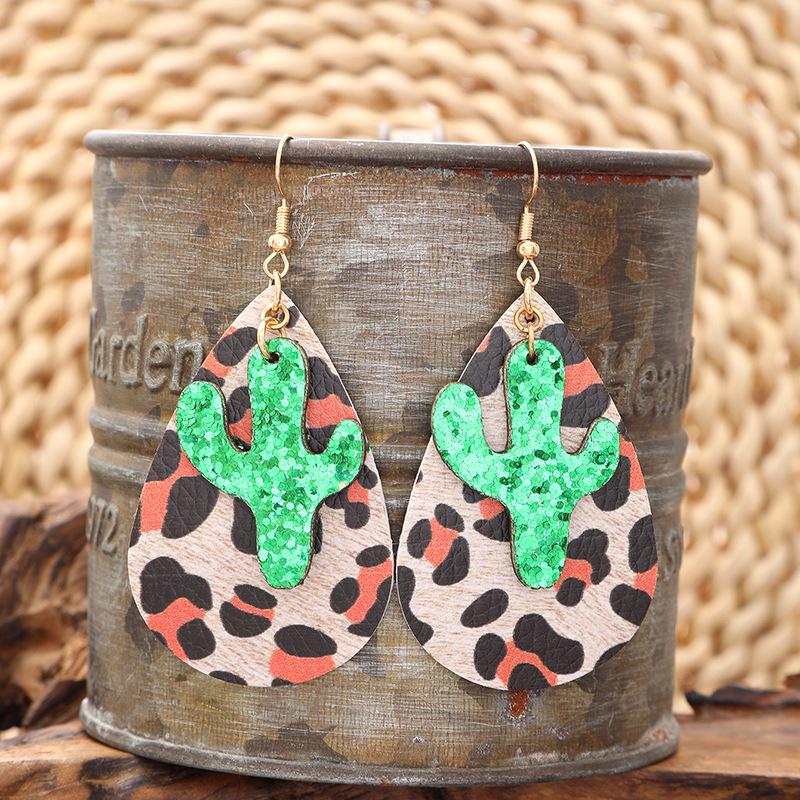 

Retro Leopard Print Teardrop Cactus PU Leather Women s Earrings