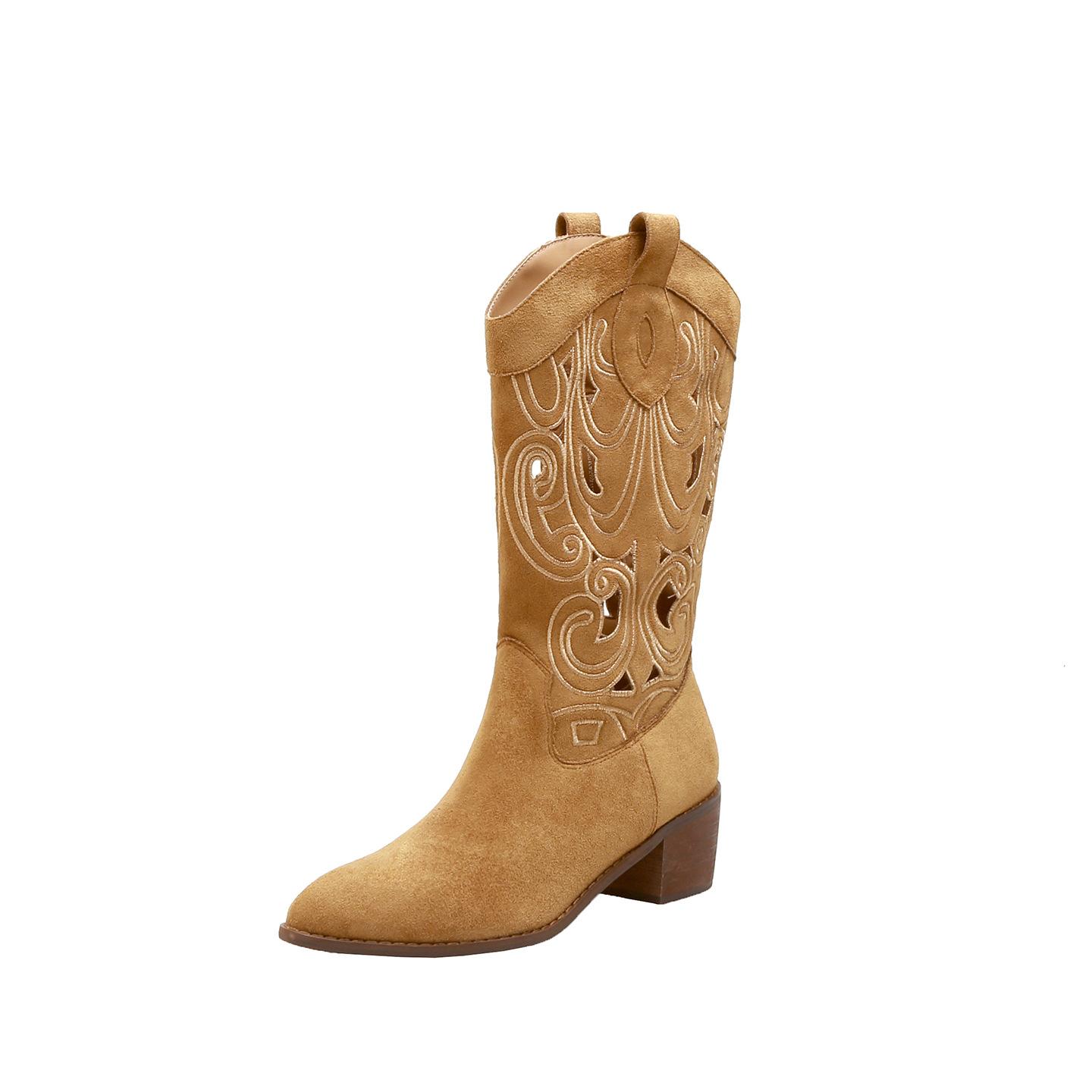 

Cowhide version, Spice Girl pointed head hollow embroidery medium tube thick heel western boots women s leather short boots 2025 autumn and winter new 40