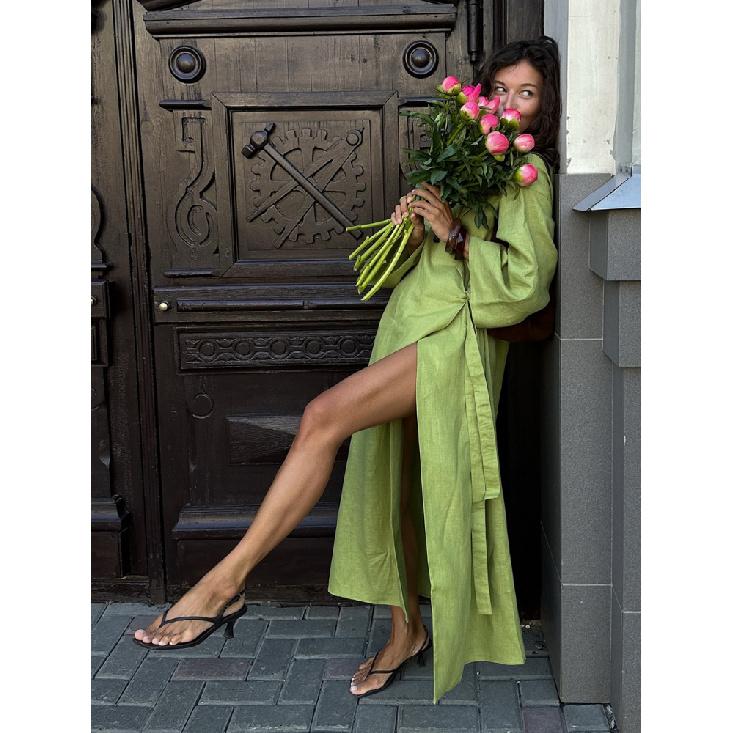 Sommer Neues Damen Stilvolles Rotes Leinen Wickel Maxi Kleid Revers Kimono Ärmel Gürtel Lange Robe Elegantes Schickes Kleid