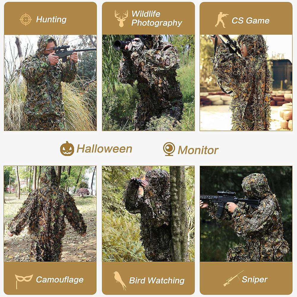 Ghillie Suit Men Women Kids 3D Leafy Bionic Camouflage Hunting Clothing CS Shooting Suit Tactical  Combat Clothes Set
