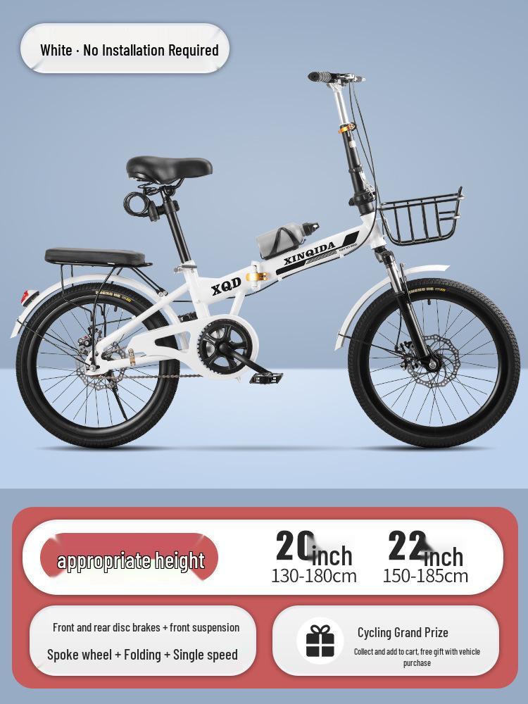 20/22-Inch Portable Folding Bicycle for Adults: No Assembly, Variable Speed, Shock-Absorbing Pedals
