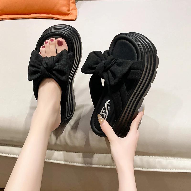 Fashion 8CM High Platform Sandals Women Summer Breathable High Heels Ladies Sneakers Wedges Chunky Butterfly-knot Slippers Sandals Mujer
