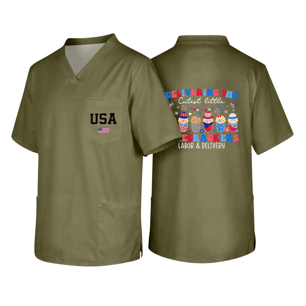 Men's V Neck Work Shirt Short Sleeve Pocket Top with USA Print Suitable for Healthcare and Labor Day Uniforms