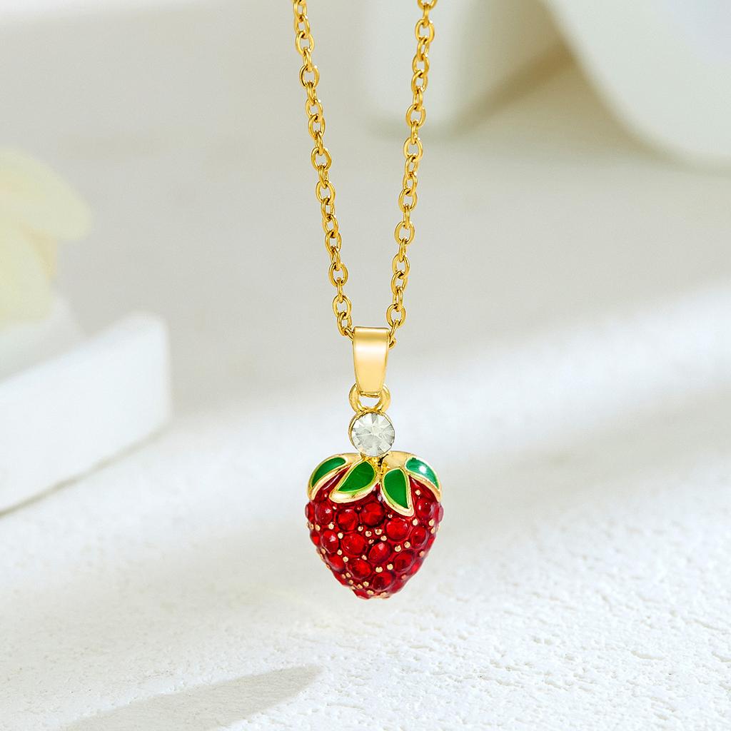 New Sweet and Cute Dripping Oil Strawberry Cherry Titanium Steel Necklace Female Simple Versatile Fruit Series Collarbone Chain