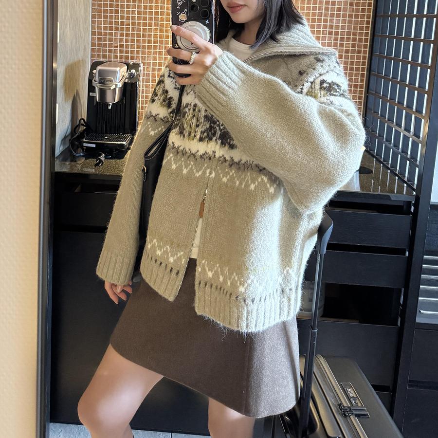 Sw Icelandic Wool Blend Fair Isle Color Blocked Cardigan Sweater Women's Winter New Style Zipper Knit S4MY064