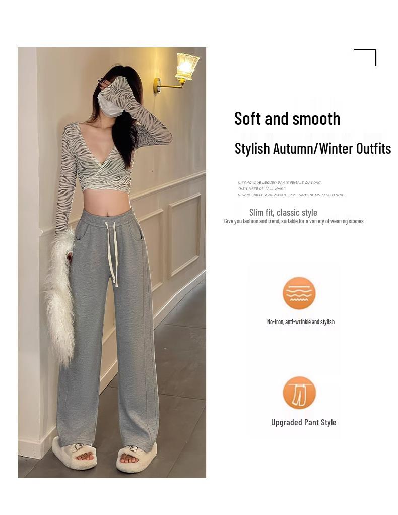 Women's High Waist Wide Leg Gray Sweatpants - Spring/Autumn