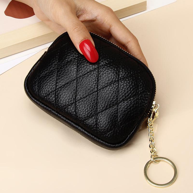 Genuine Leather Diamond Pattern Coin Purse & Keychain Wallet