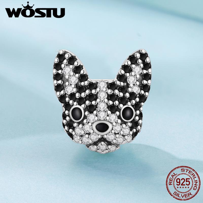 WOSTU 925 Sterling Silver Dog Charm Heart Animal Bead Black Boston Terrier Dachshund Pendant Fit DIY Bracelet Gift For Pet Lover