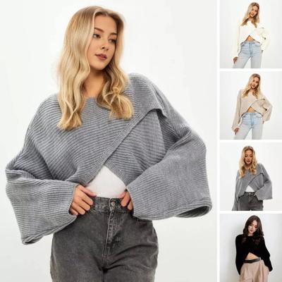 Suéter de Mujer Cuello Redondo Manga Larga Murciélago Color Sólido Ajuste Holgado Tops de Punto