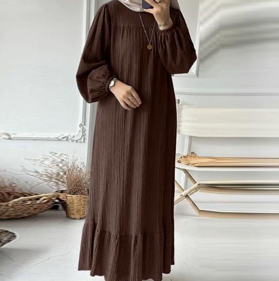 2025 Vintage Pattern Ruffle Hem Muslim Women's Long Robe Dress - Spring/Autumn Commuting Style