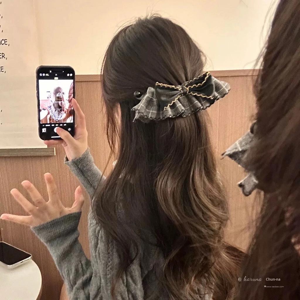 New Vintage Korean Bow Hair Clips for Women Girl Elegant Retro Ladies' Plaid Skirt Hem Bow Hair Clip
