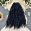 Summer Women Sweet Mesh Patchwork High Waist Long Midi Skirt