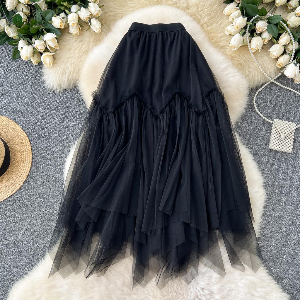 Summer Women Sweet Mesh Patchwork High Waist Long Midi Skirt
