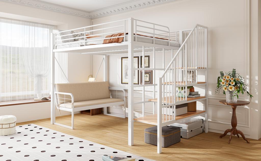Bunk Bed (140 X 200) with Stable Metal Frame, Removable Upholstered Sofa, Storage Space and Safety Staircase. Suitable for Children and Adults White