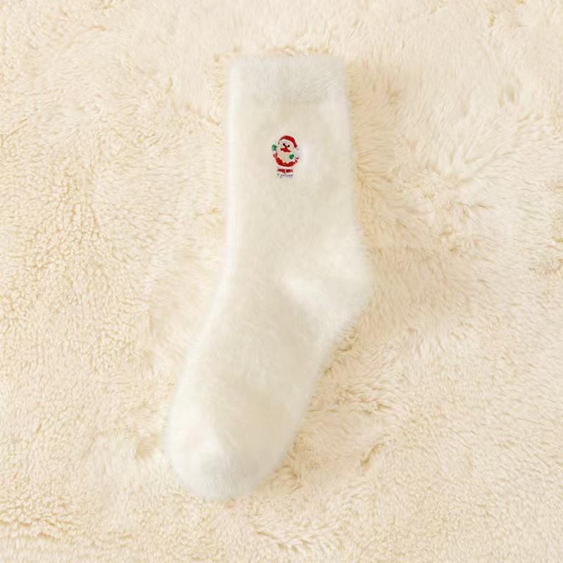 Autumn And Winter Socks, White Mink Fur Christmas Socks, Snowman Santa Claus Christmas Tree Elements, Thickened Warm Socks