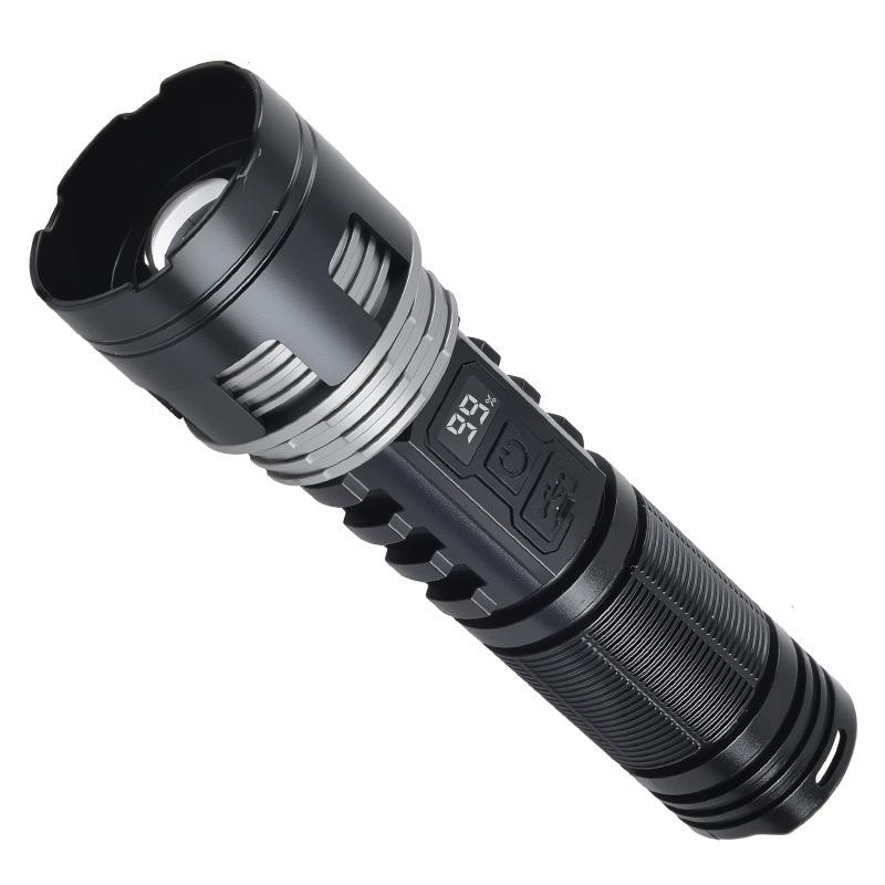 Temu 115B Multi-Function Rechargeable Flashlight: Strong Light, Zoomable, with Digital Display for Outdoor Patrol and Night Fishing Emergencies.