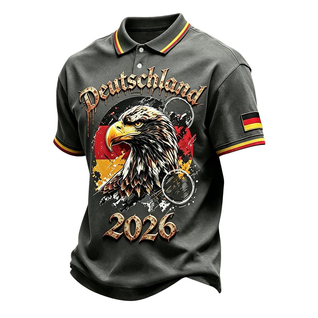 Men's Casual Polo Shirt Short Sleeve Collared Top with Graphic Print and Button Closure Suitable for Everyday Wear and Outdoor Activities