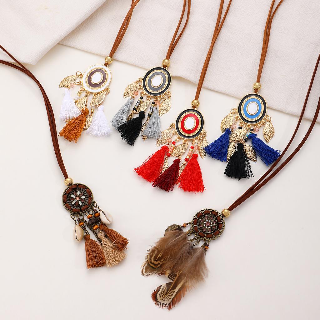 Retro Coffee Bohemian Necklace For Women Ethnic Style Fringed Pendant Long Sweater Chain High-End Fashion Jewelry