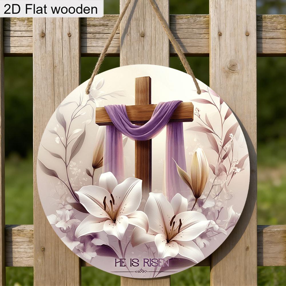 2D Flat, 1pc Easter Sign White Lily Flowers and Cross Wooden Ornaments 7.87x7.87inch Round Wall Art Decor Plaque Easter Decoration Perfect for Front