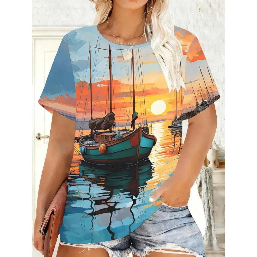 Ocean Theme 3D Printed Short Sleeved T-shirt Fashionable Comfortable Soft Breathable Large Loose Summer Womens T-shirt
