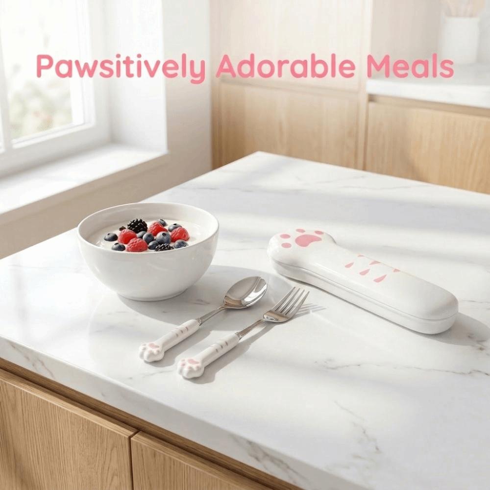 Cute Cat Paw Cutlery Set Portable Fork Spoon Set Meal Accessories Boxed Tableware  Tourism