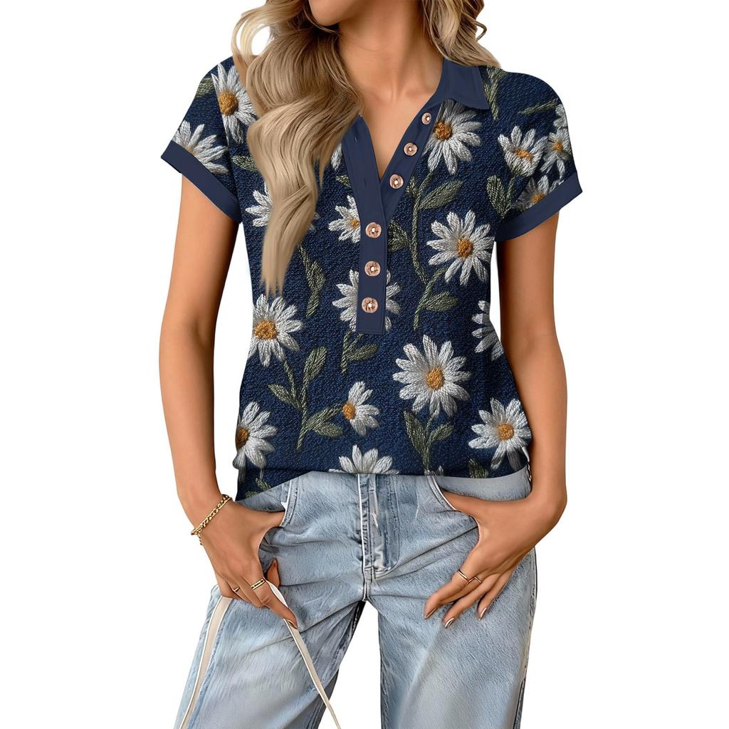 Women's Fashionable and Casual Summer V,neck Patchwork Short,sleeved Floral Print Top
