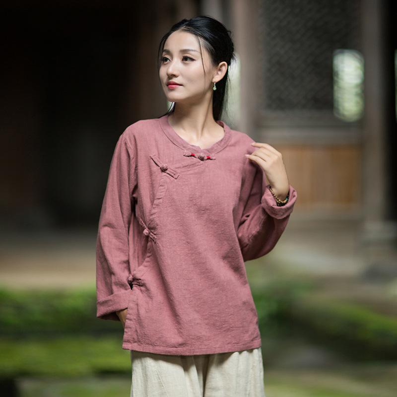 

Johnature Women Vintage Shirts Tops Solid Color Chinese Style Blouses Autumn Stand Long Sleeve Shirts One Size