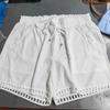 Cotton Linen Shorts Women'S Pants Solid Color Thin Hollow Out Design Trim Pocket Tight Waist Shorts Beachwear White