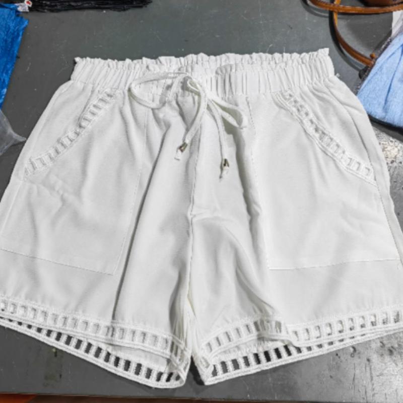 Cotton Linen Shorts Women'S Pants Solid Color Thin Hollow Out Design Trim Pocket Tight Waist Shorts Beachwear White