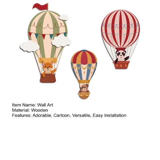 3Pcs Hot Air Balloon Wall Art Wooden Cartoon Animals Clouds Wall