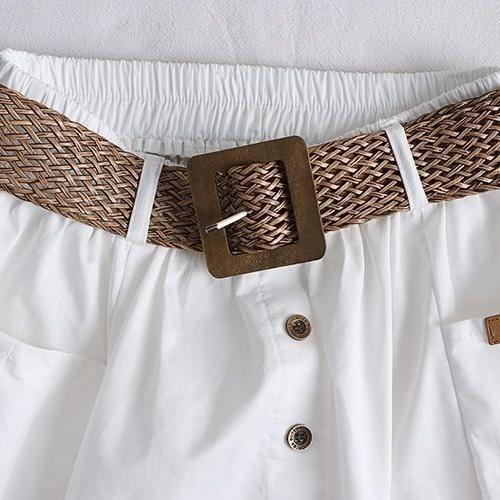 Women's Cotton Skirt Spring Summer Elasticated High-rise Skirt Split Midi A-line Skirt with Belt Pockets