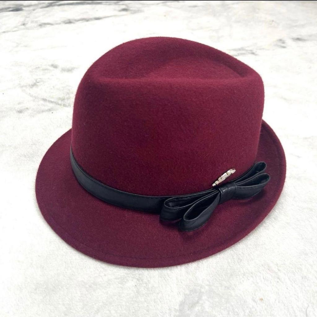 Used STETSON maxim Burgundy Wool Hat Black Ribbon Feather Decoration Hat Folded Hat Wine Red 57.5cm