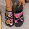 Women's Thick Flat Soled Slippers Fashionable Ethnic Style Casual Outside Wear Open Toe Stitching Beach Holiday Sandal