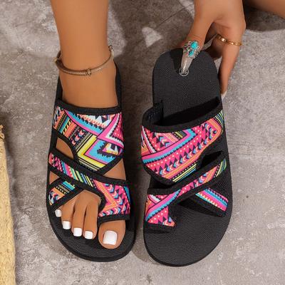 Dicke Damen-Slipper mit flacher Sohle Modischer Ethno-Stil Lässige Außenschuhe Offene Zehennaht Strandurlaub Sandale