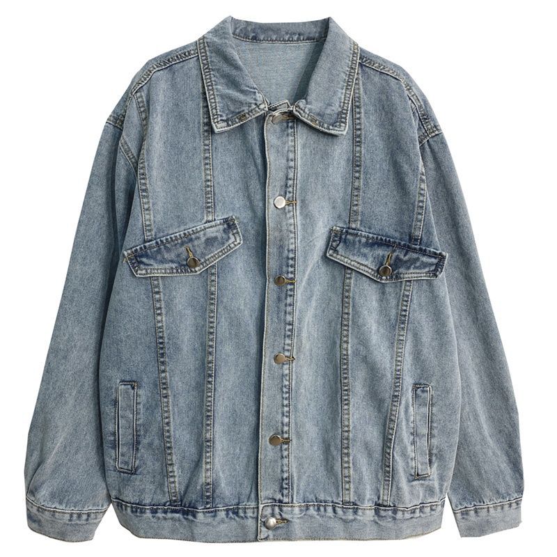 women s Oversized Denim Jacket Casual Loose Fit Long Sleeve Jean Coat S синий