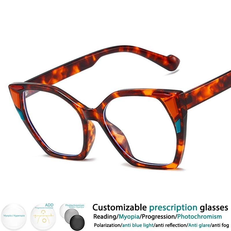 Oversized Square Reading Glasses Color-blocked Cat Eye Resin Optical Presbyopic Eyegalss Custom Diopter+50~+600 #302712