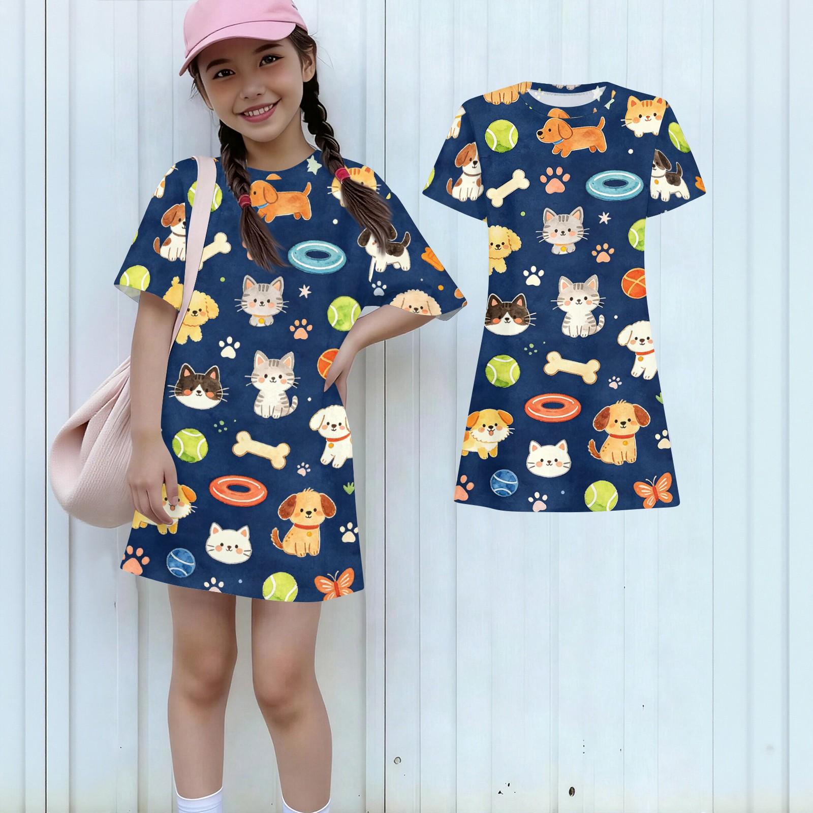 

Girls Loose Fit Short Sleeve Dress Animal Print Lightweight Summer Dress Kids Casual Round Neck Dress for Children 160 синий
