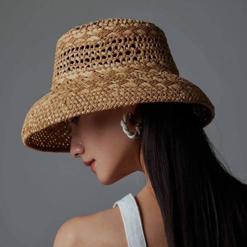 New French Retro Hollow Raffia Straw Bucket Hats Women Summer Travel Fashion Concave Top Sun Hats Ladies Hand Woven Beach Hat